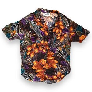 Vintage 90s Shirt Colorful Tropical Dark Floral Tribal Short Sleeve Camp Collar